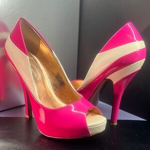 BCBG Generation Pink and White Striped Peeptoe Heel, Size 8B